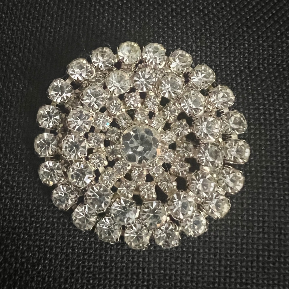 Vintage Silver Tone Clear Rhinestone Round Sunburst Brooch Pin 2" Regencycore